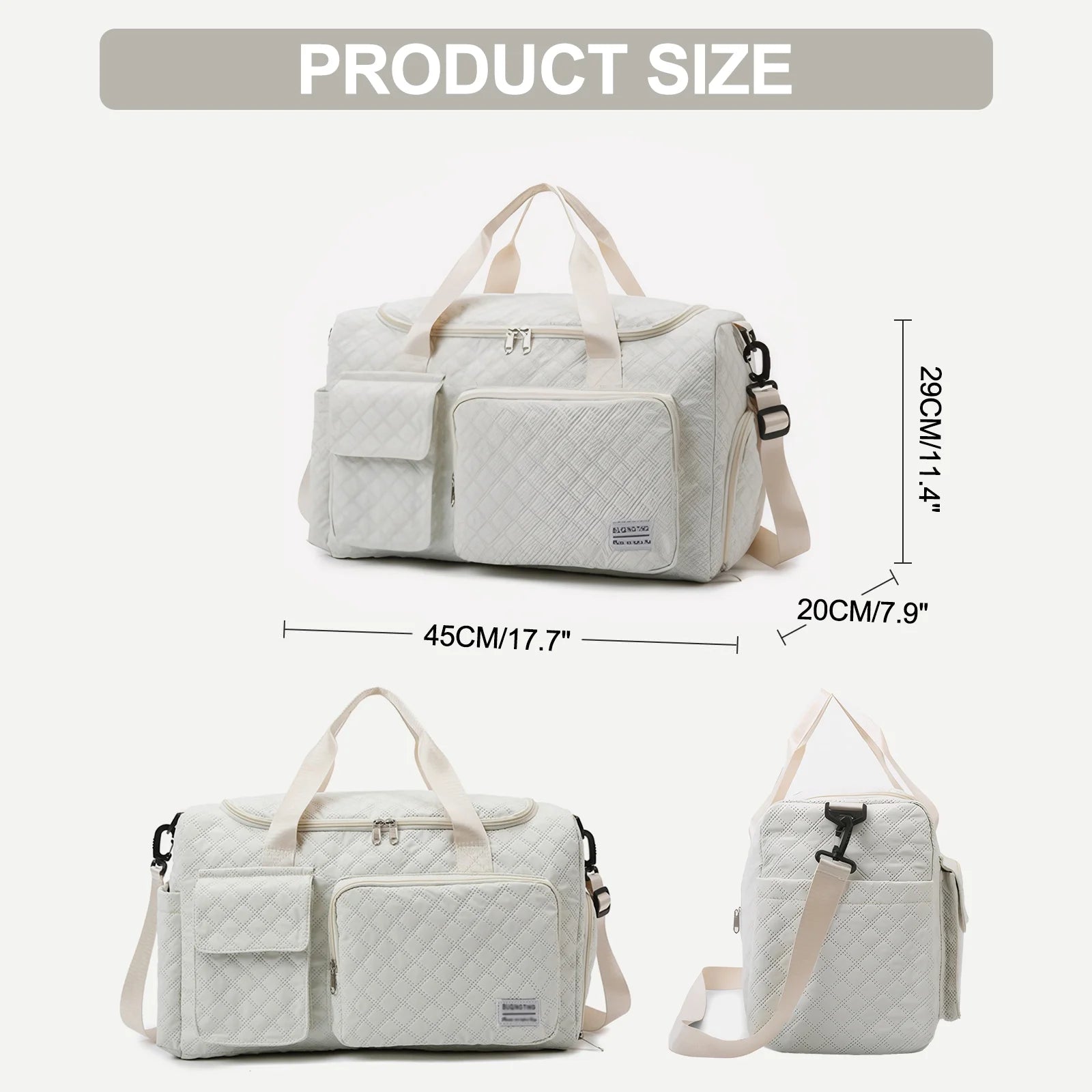 Travel Duffle Bag for Women Men, Weekender Bags Carry on Gym Bag with Wet Pocket/Adjustable Strap/Shoe Compartment, Foldable Waterproof Overnight Tote Bag for Plane Sports Dance, Ivory