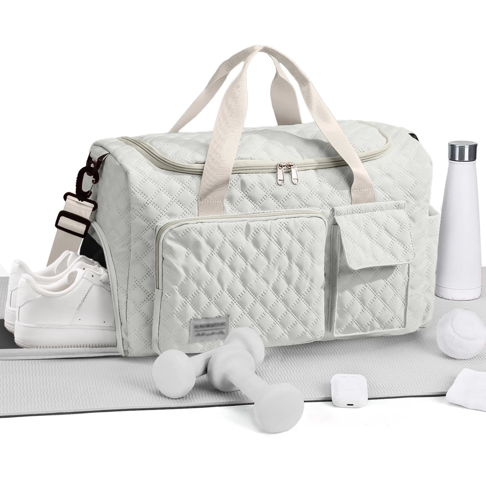 Travel Duffle Bag for Women Men, Weekender Bags Carry on Gym Bag with Wet Pocket/Adjustable Strap/Shoe Compartment, Foldable Waterproof Overnight Tote Bag for Plane Sports Dance, Ivory