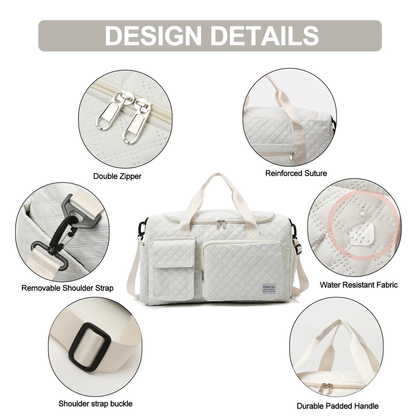 Travel Duffle Bag for Women Men, Weekender Bags Carry on Gym Bag with Wet Pocket/Adjustable Strap/Shoe Compartment, Foldable Waterproof Overnight Tote Bag for Plane Sports Dance, Ivory