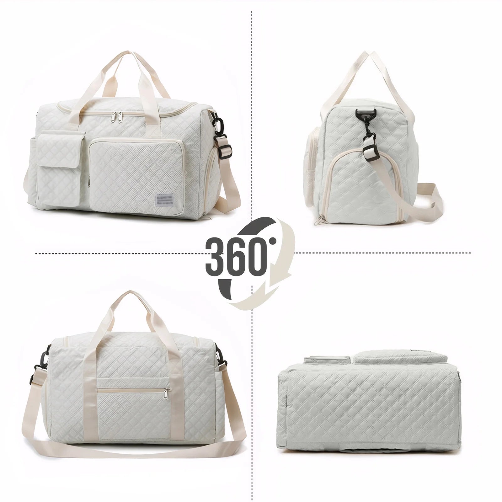 Travel Duffle Bag for Women Men, Weekender Bags Carry on Gym Bag with Wet Pocket/Adjustable Strap/Shoe Compartment, Foldable Waterproof Overnight Tote Bag for Plane Sports Dance, Ivory