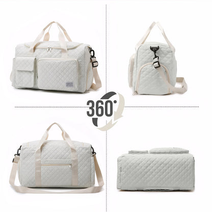 Travel Duffle Bag for Women Men, Weekender Bags Carry on Gym Bag with Wet Pocket/Adjustable Strap/Shoe Compartment, Foldable Waterproof Overnight Tote Bag for Plane Sports Dance, Ivory