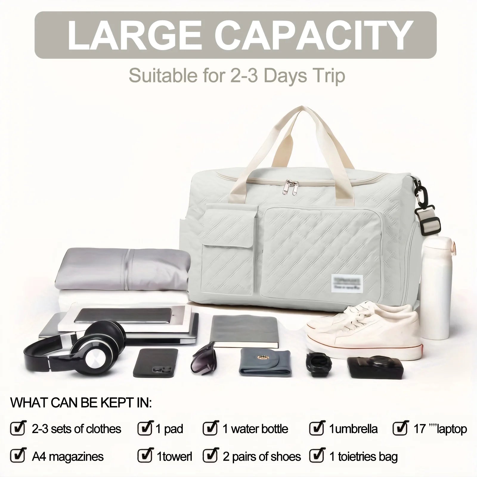 Travel Duffle Bag for Women Men, Weekender Bags Carry on Gym Bag with Wet Pocket/Adjustable Strap/Shoe Compartment, Foldable Waterproof Overnight Tote Bag for Plane Sports Dance, Ivory