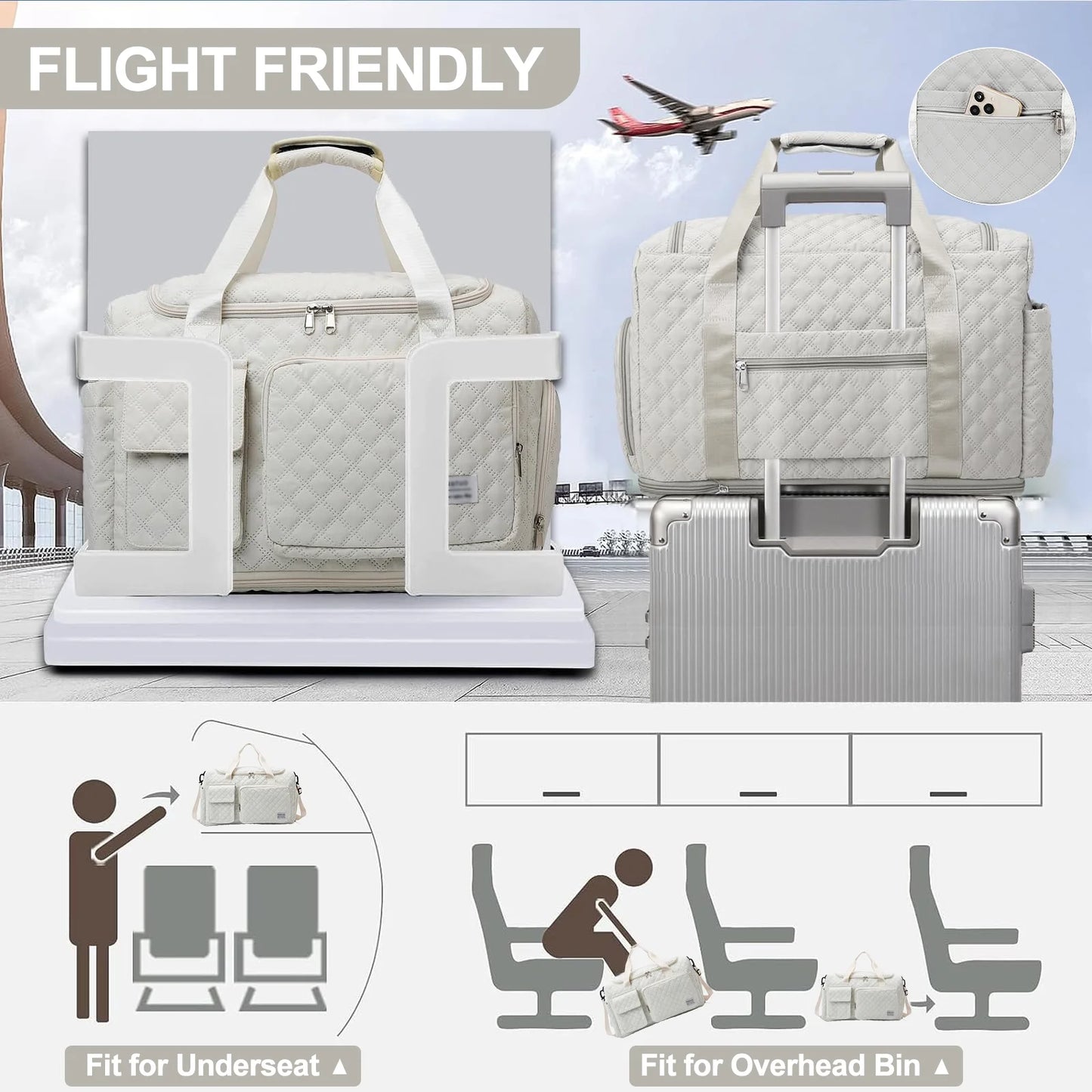 Travel Duffle Bag for Women Men, Weekender Bags Carry on Gym Bag with Wet Pocket/Adjustable Strap/Shoe Compartment, Foldable Waterproof Overnight Tote Bag for Plane Sports Dance, Ivory