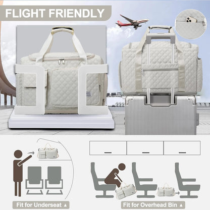 Travel Duffle Bag for Women Men, Weekender Bags Carry on Gym Bag with Wet Pocket/Adjustable Strap/Shoe Compartment, Foldable Waterproof Overnight Tote Bag for Plane Sports Dance, Ivory