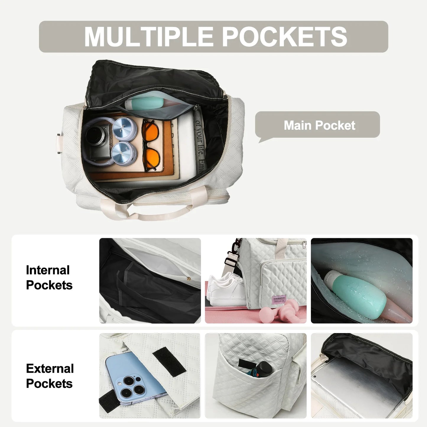 Travel Duffle Bag for Women Men, Weekender Bags Carry on Gym Bag with Wet Pocket/Adjustable Strap/Shoe Compartment, Foldable Waterproof Overnight Tote Bag for Plane Sports Dance, Ivory