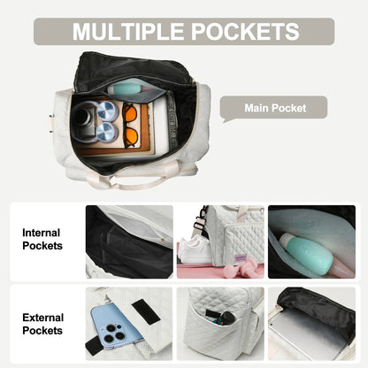 Travel Duffle Bag for Women Men, Weekender Bags Carry on Gym Bag with Wet Pocket/Adjustable Strap/Shoe Compartment, Foldable Waterproof Overnight Tote Bag for Plane Sports Dance, Ivory